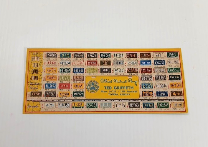 Vintage 1957 License Plate Ink Blotter Allied Mutual Insurance US USA Canada