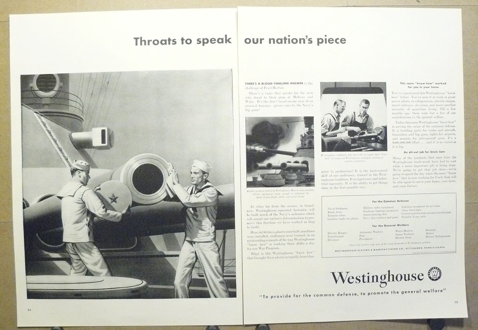 1942 Westinghouse Navy Sailors Battleship Big Guns WW2 Vintage 2-pg Print Ad