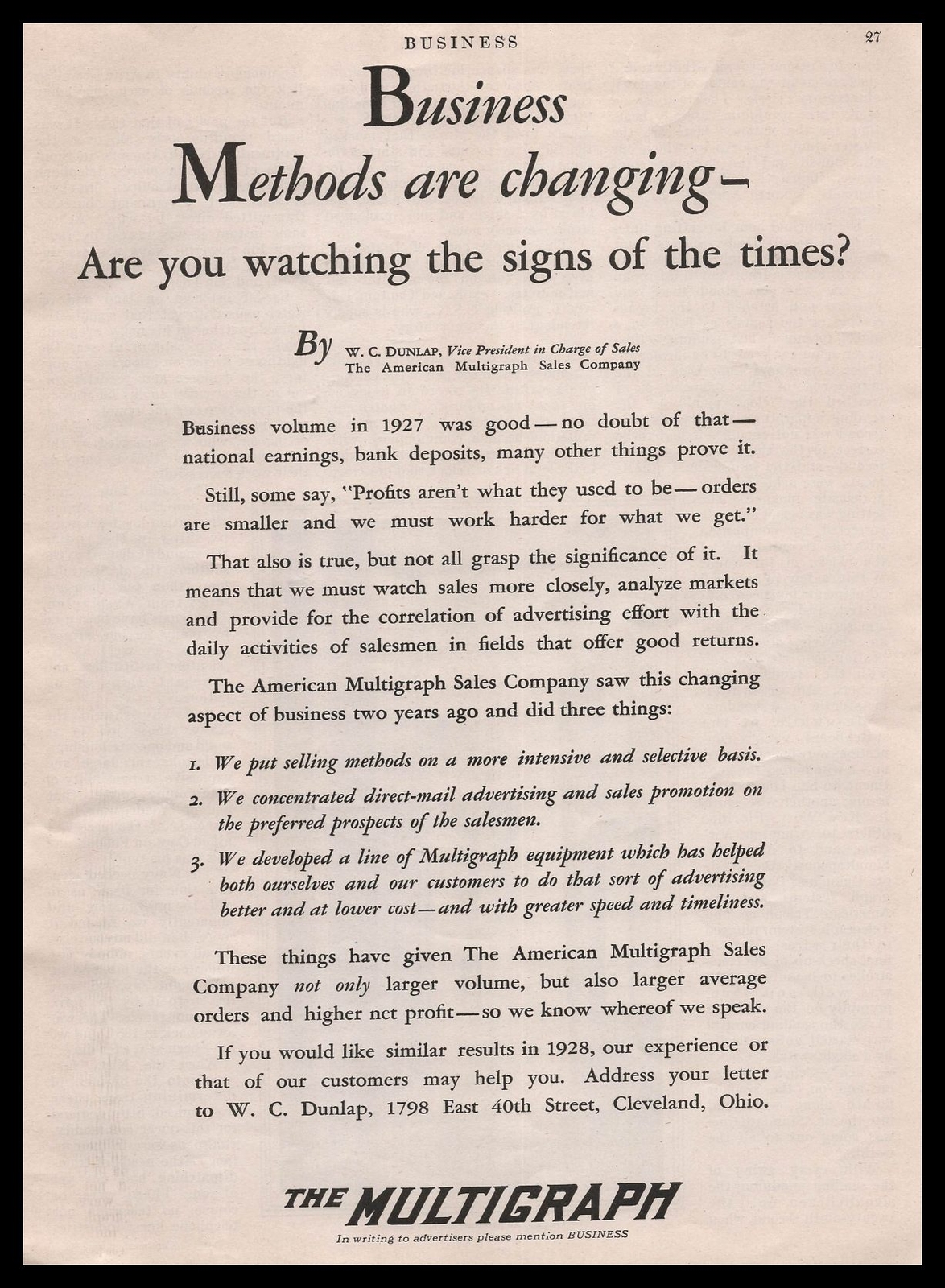 1928 W. C. Dunlap President American Multigraph Sales Co Cleveland Ohio Print Ad