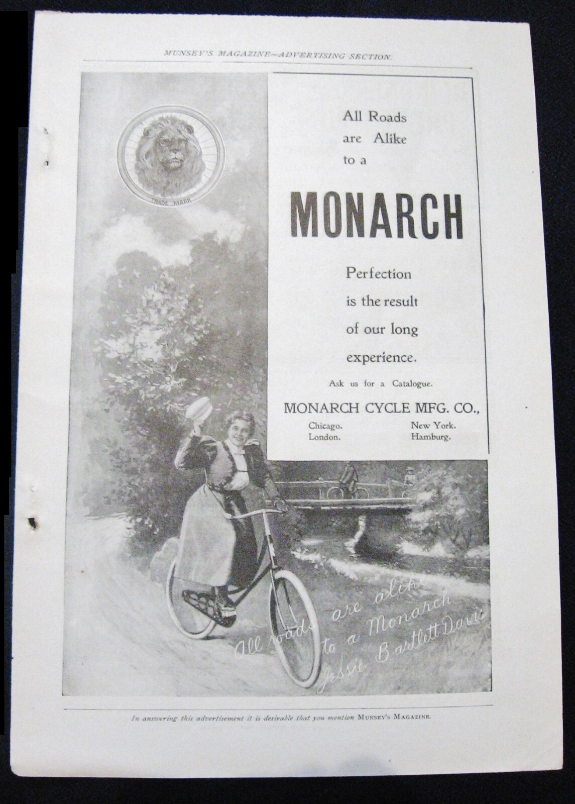 Opera Singer Jessie Bartlett Davis Rides Bicycle 1898 MONARCH CYCLE Vtg Print Ad