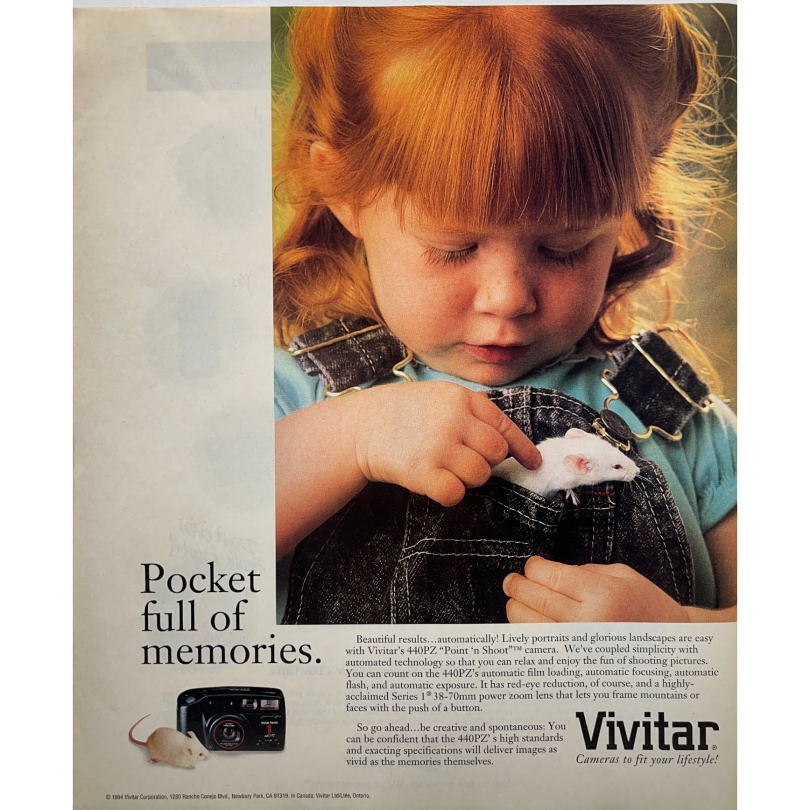 Vivitar Camera Vintage Print Ad 1990s 440PZ Point Shoot Little Girl Pocket Mouse