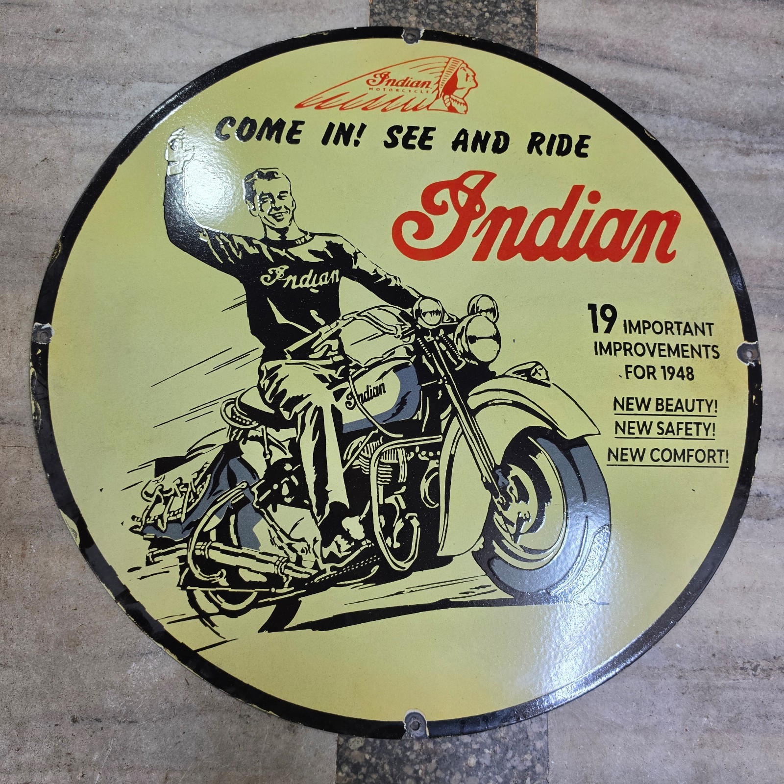 INDIAN MOTORCYCLE PORCELAIN ENAMEL SIGN 29 X 29 INCHES