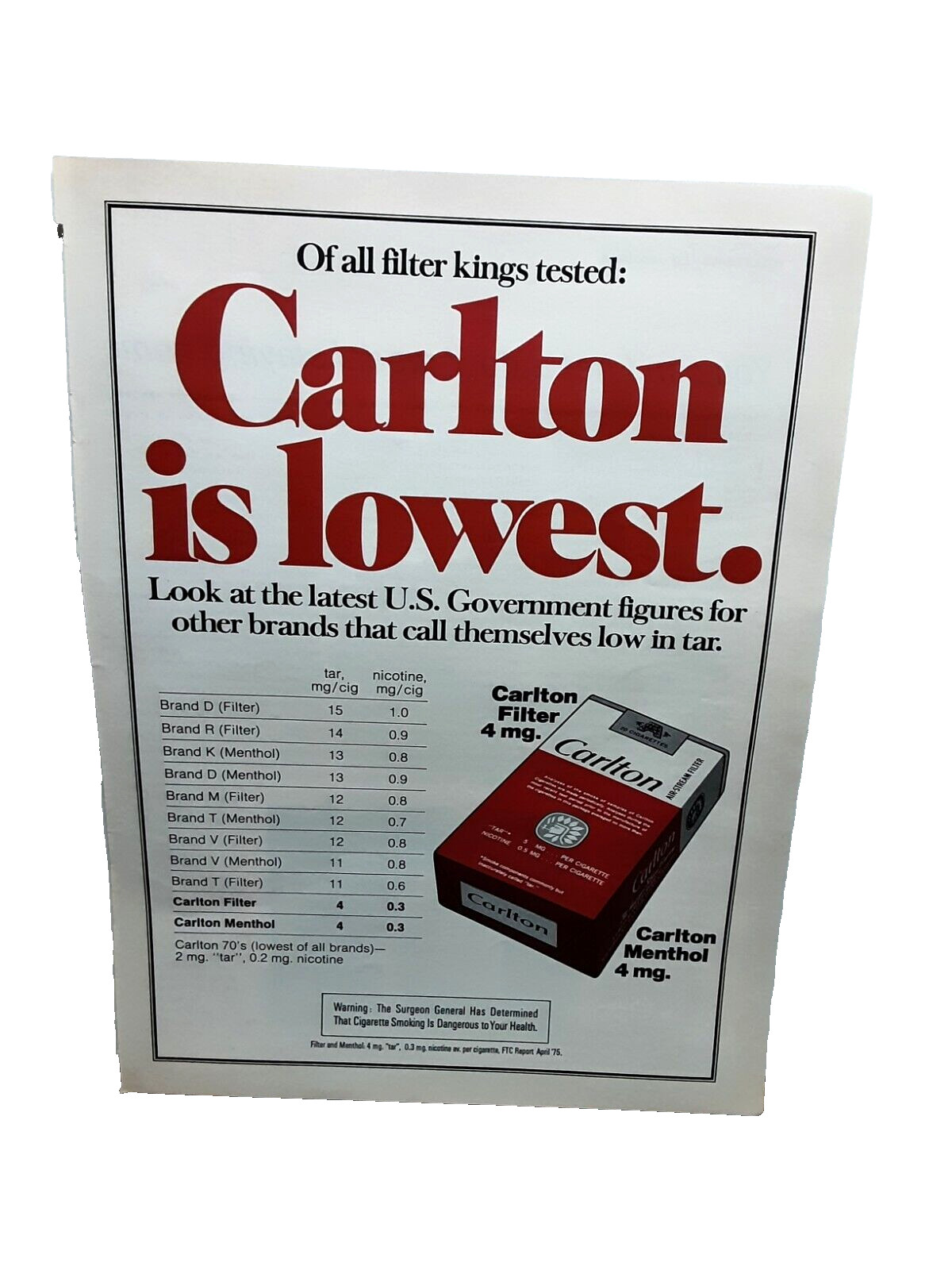 1975 Carlton Filter Kings Cigarettes Original Vintage Print Ad 70s