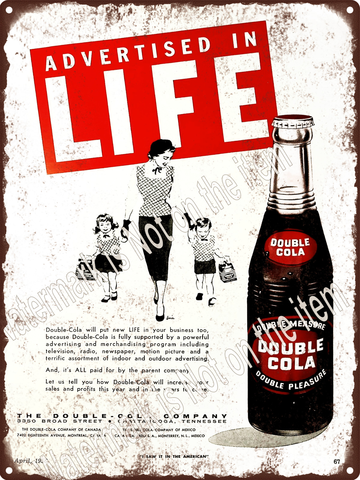 Double Cola Life Bottle Ad Soda Metal Sign 9×12″ A653