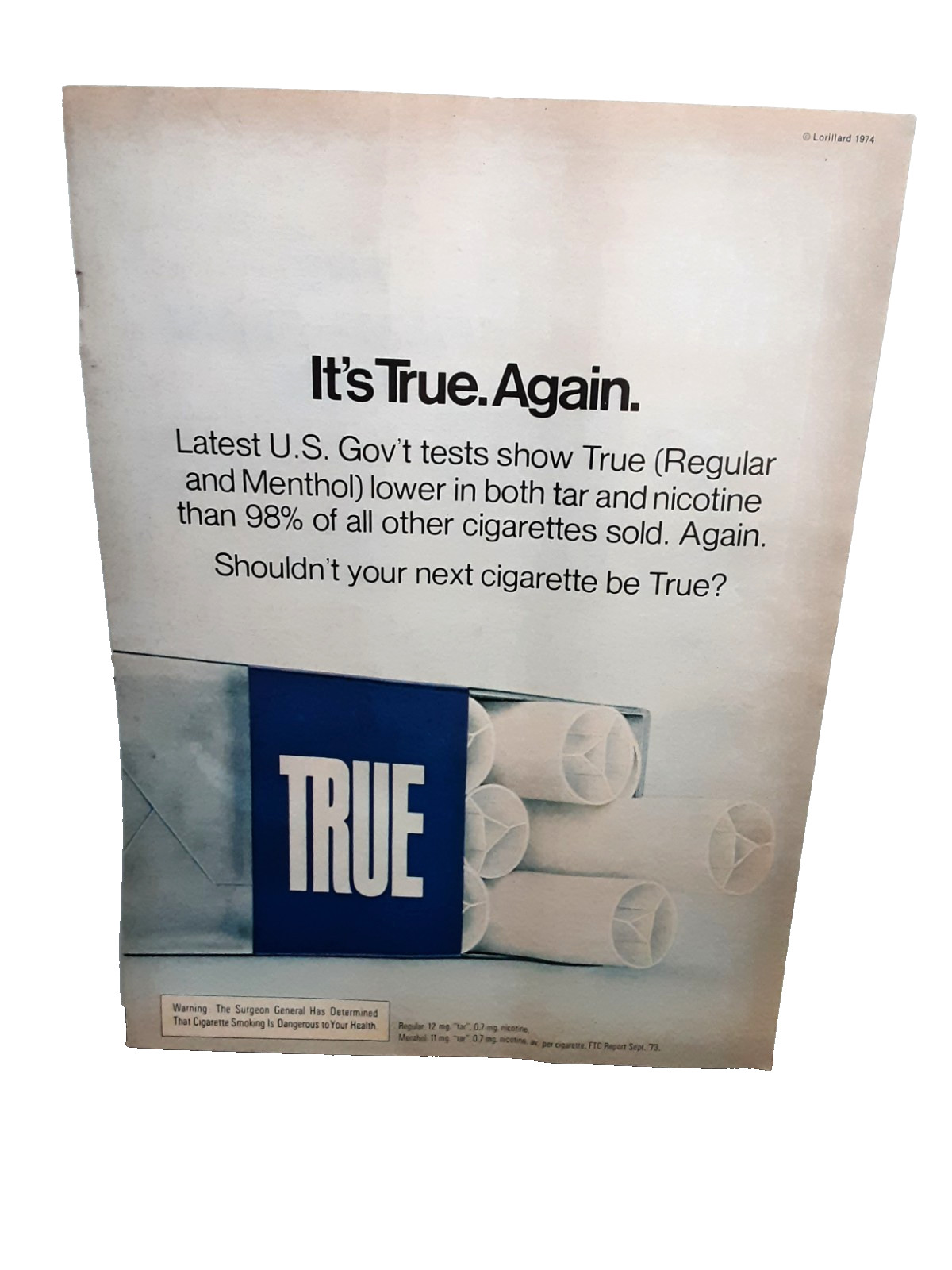 1974 True Cigarettes Ad Low Tar Menthol Regular Lorillard Vintage Print