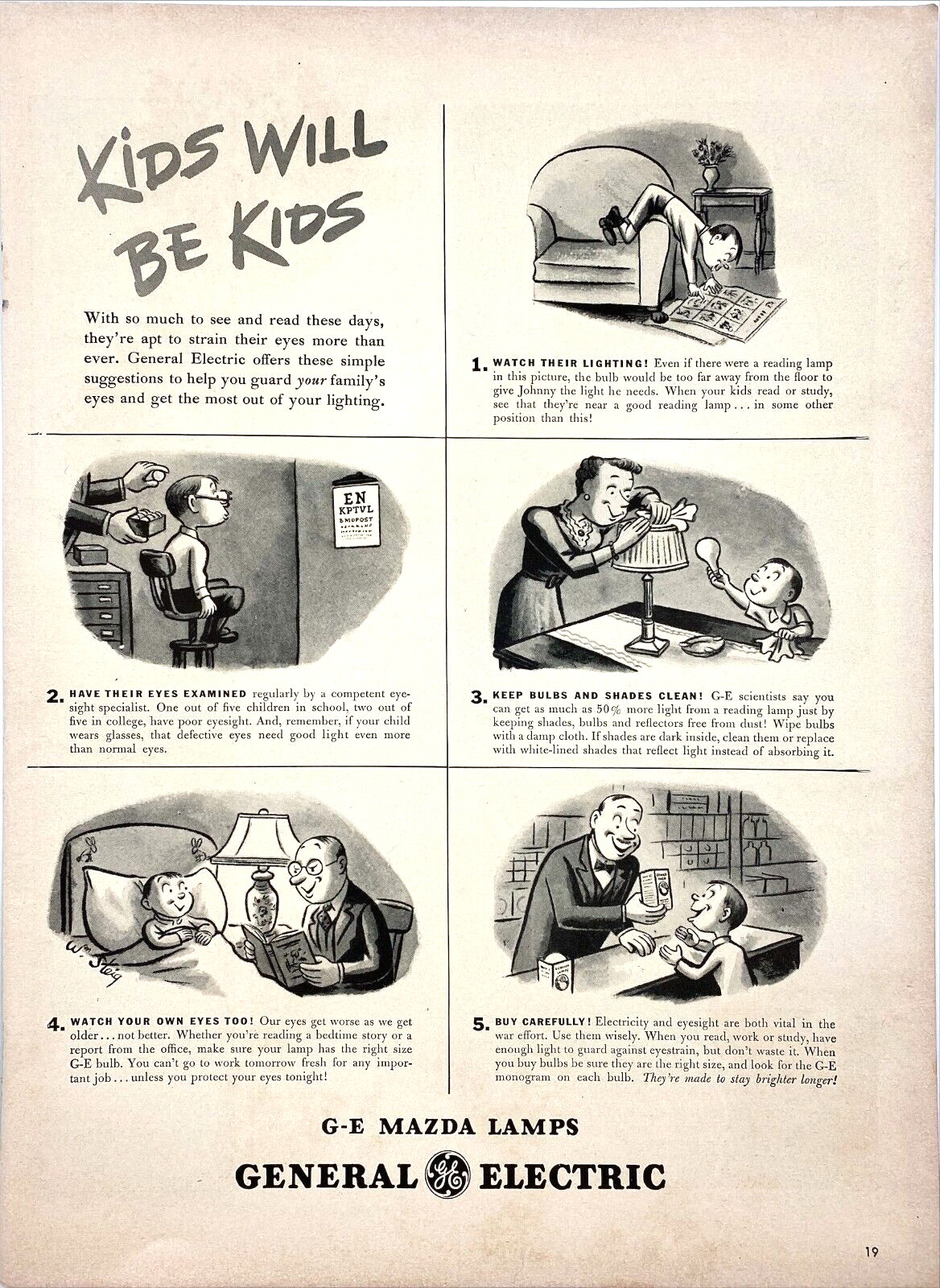 General Electric GE Mazda Lamps Cartoon Light Bulbs Safety Vtg Mag Print Ad
