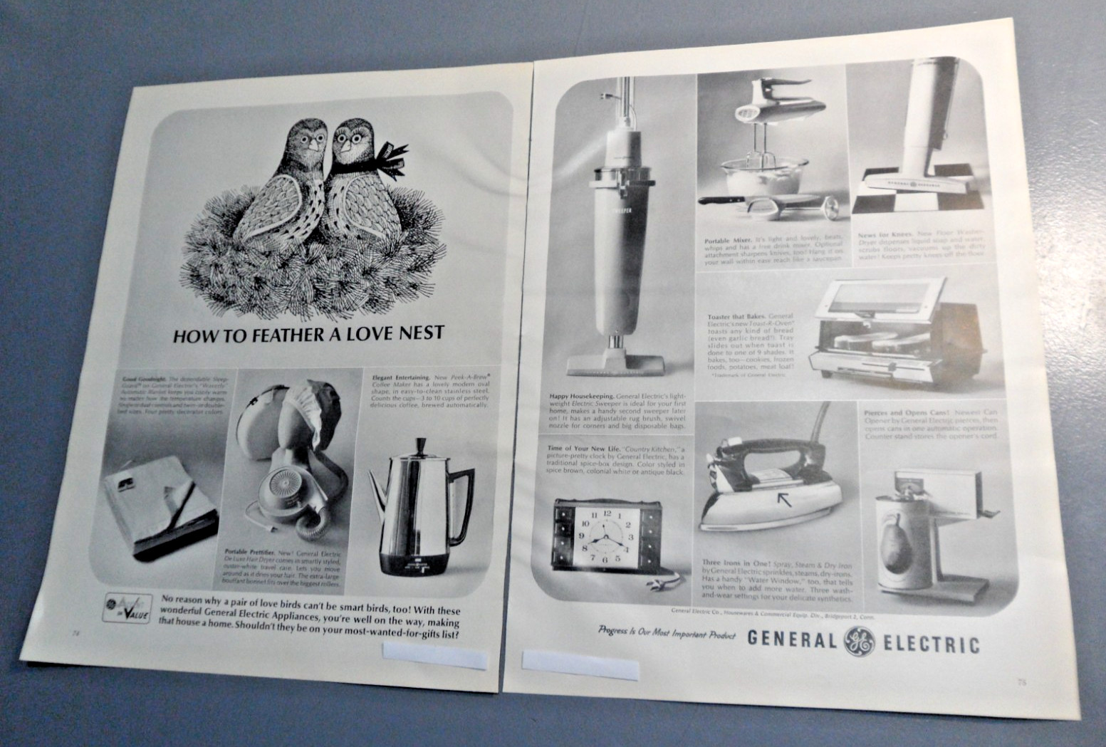 60s Print Ad GE Small Appliances Feather A Love Nest Inuit Owls Illustration LFD