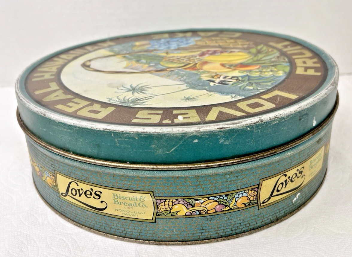 Advertising Memorabilia RARE 1927 Love’s Fruit Cake Tin Honolulu Hawaii 10 3/8