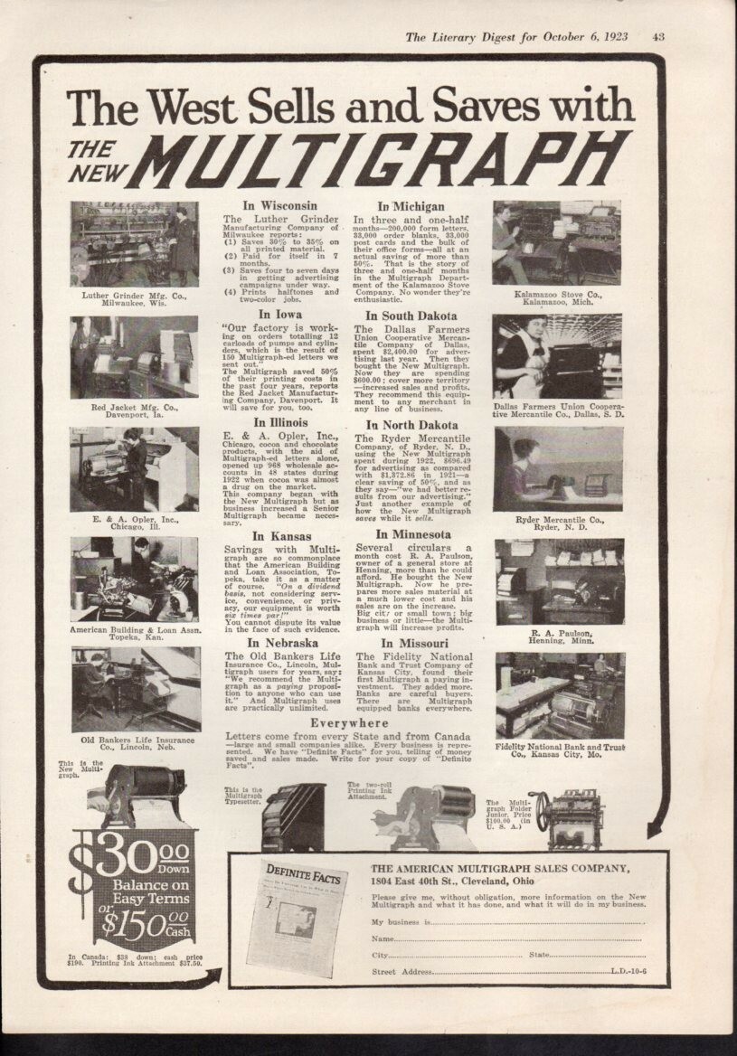 Vintage advertising print Office Multigraph Print West Sells and Saves 1923 ad