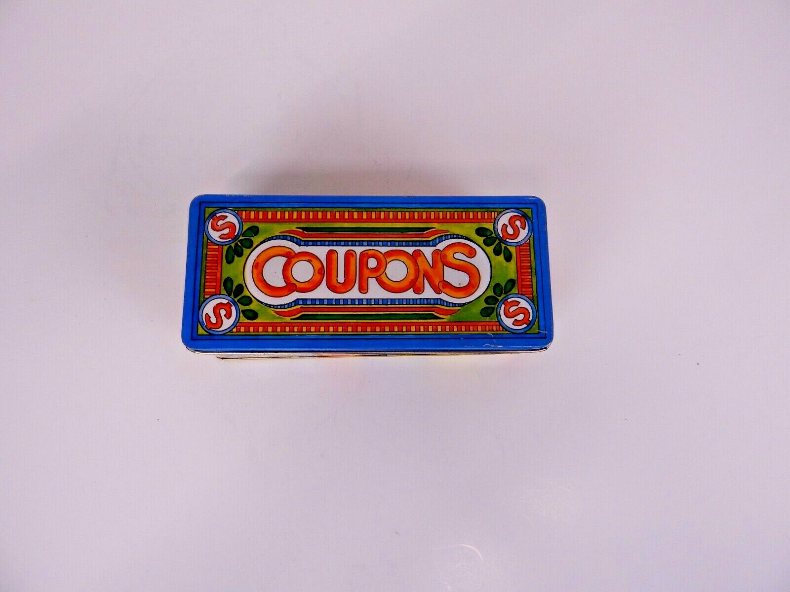 Vintage Metal Colorful Coupon Container Made in Hong Kong