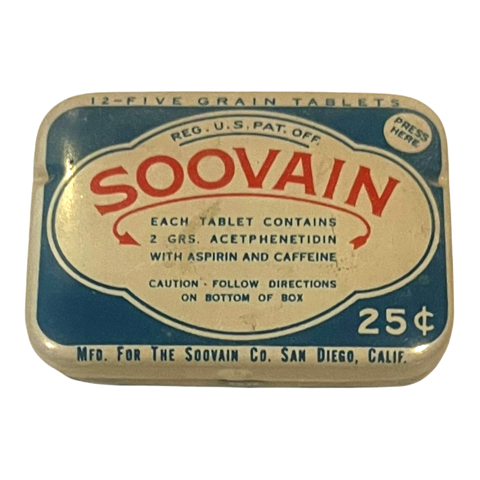 Rare Vintage Soovain Aspirin Caffeine Metal Tin Pocket Pill Drug Box Collectible