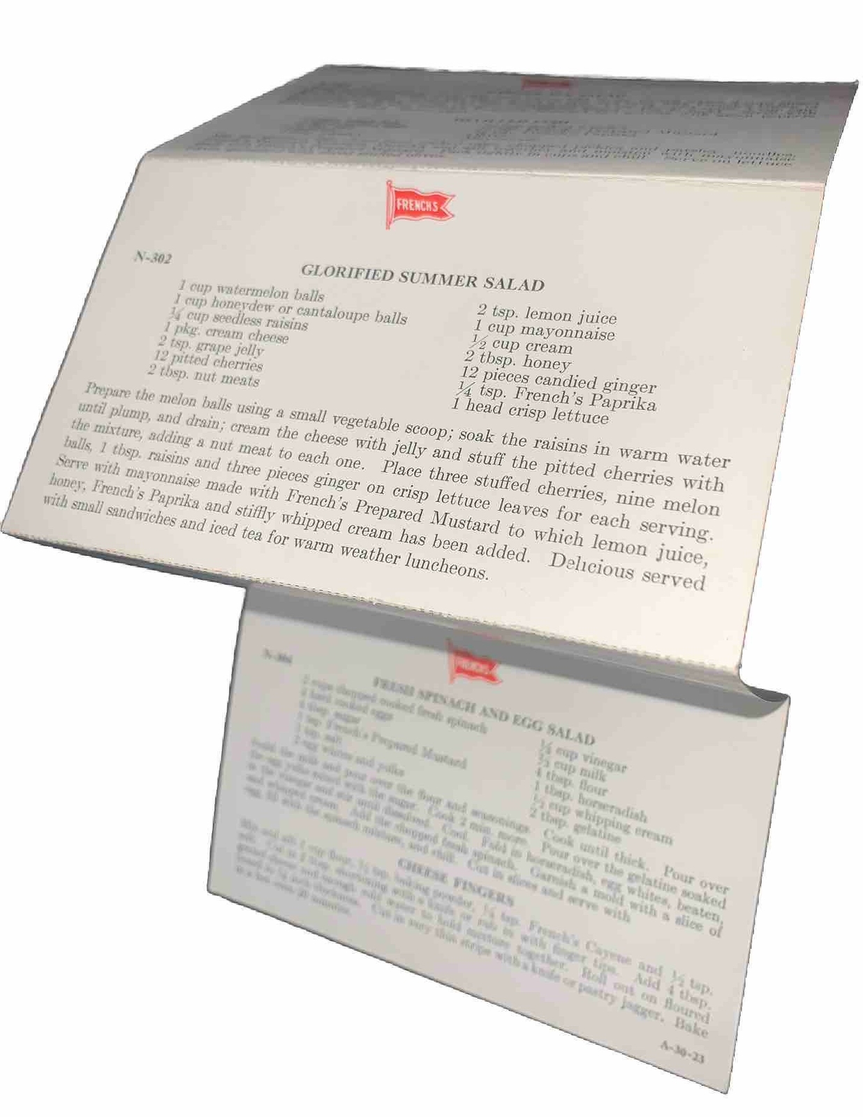 VINTAGE! Early 20th Century – French’s 4 Card Recipes “Ginger Ale salad” c1920’s