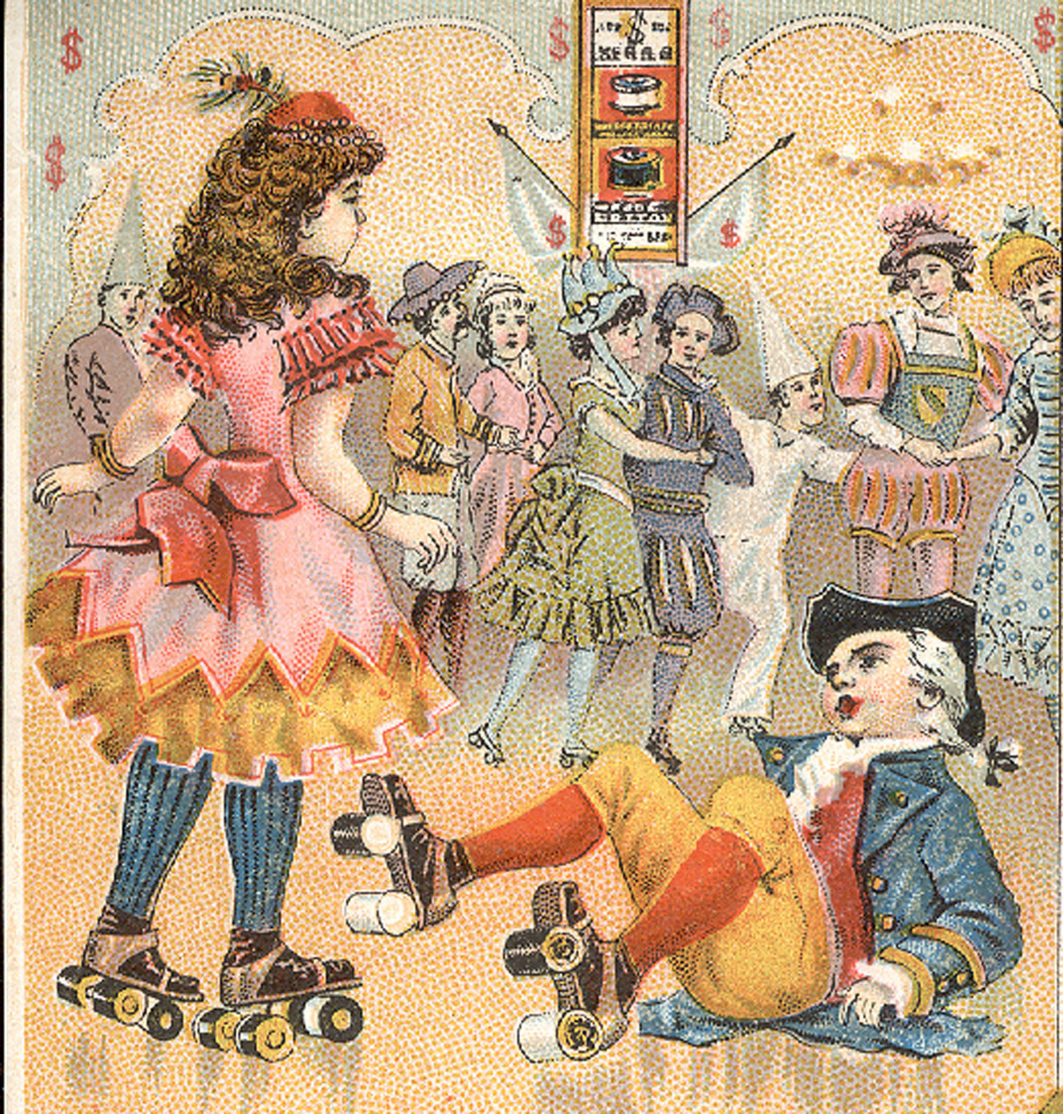 KERR THREAD CO TRADE CARD,ROLLER SKATING RINK SCENES, w/ SPOOLS FOR WHEELS X695