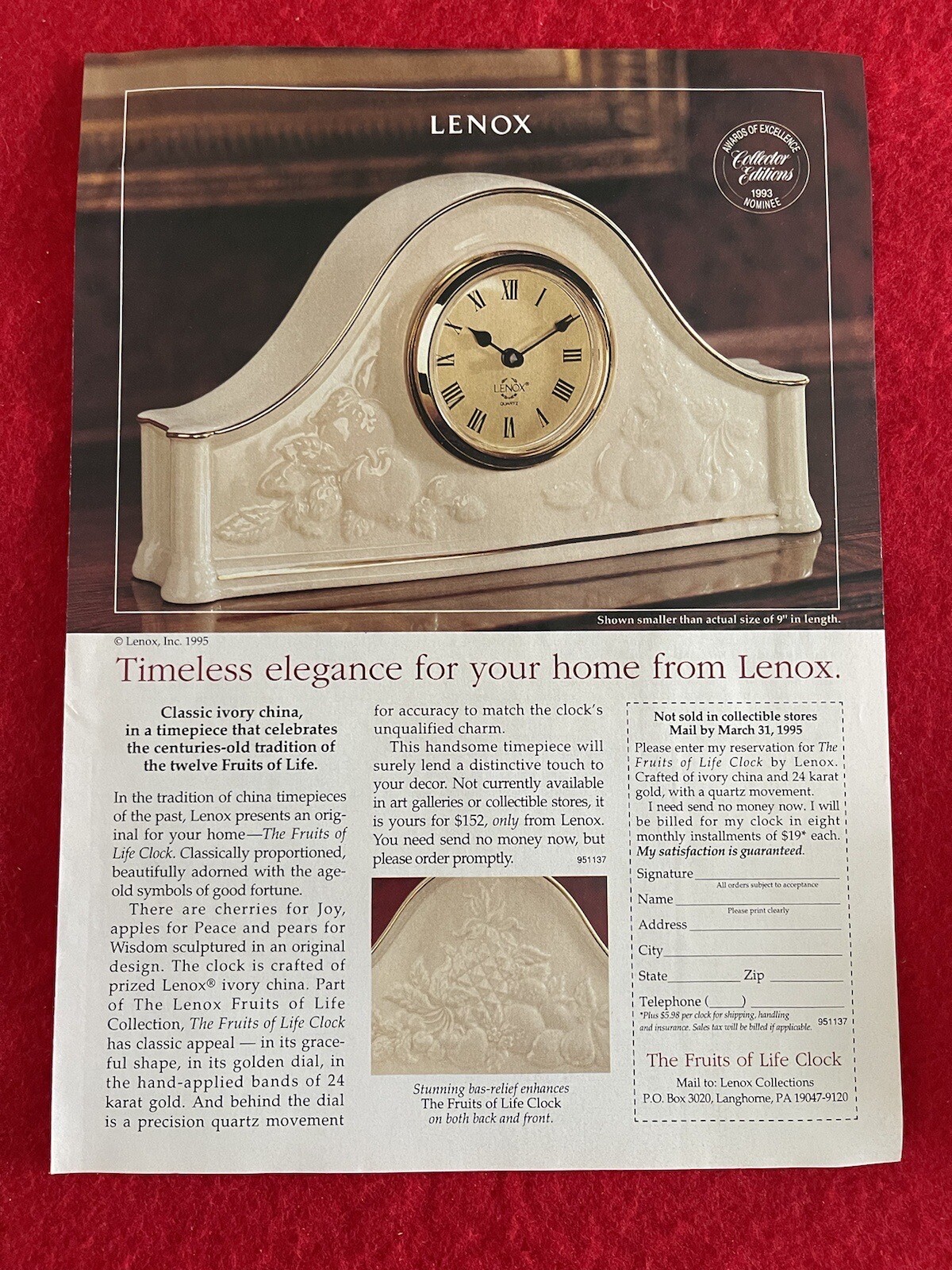 Vintage 1995 Lenox Classic Ivory China Clock Print Ad 12 Fruits Of Life