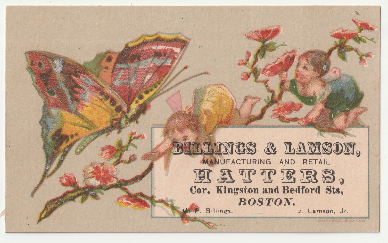 1880s Fairy Kids & Butterfly Hatters Boston MA Antique Victorian Trade Card