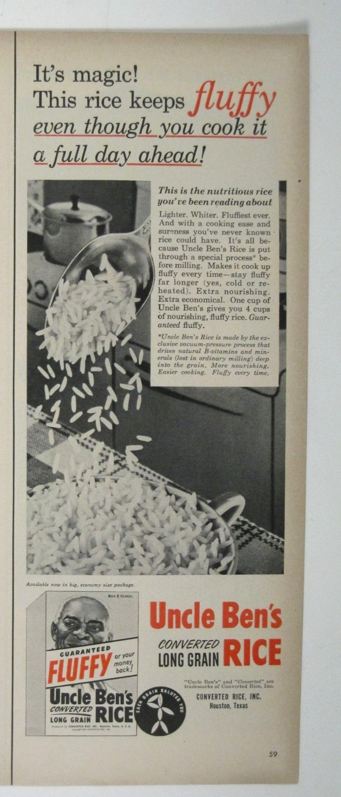 Uncle Bens Converted Long Grain Rice Vintage Ad 1950s Fluffy Print AD