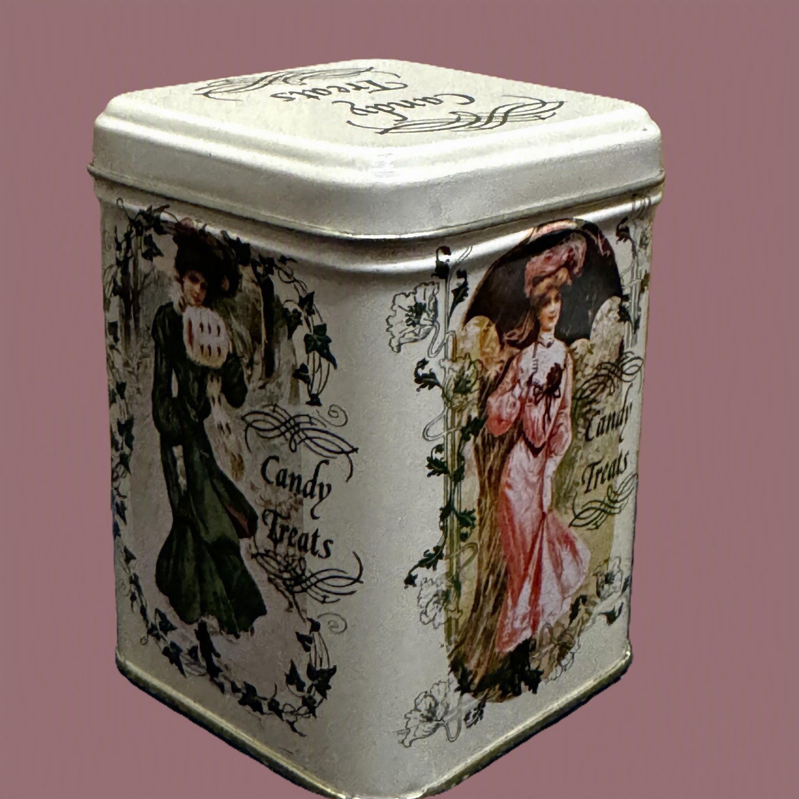 Candy Treats Lidded Tin Box, Victorian Styled Design, Vintage Circa 1990