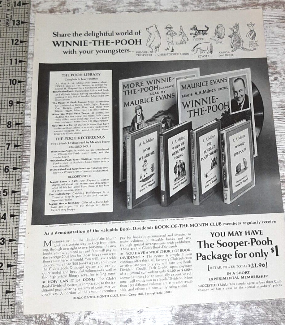 1968 Winnie the Pooh Vintage Print Ad Books Vinyl Records Book of the Month Club
