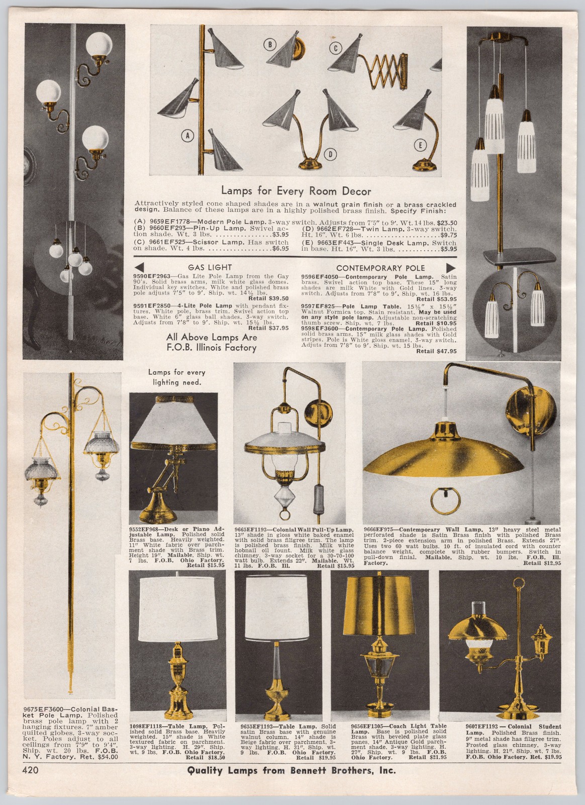 1960s Progress Bennett Brothers Lighting Catalog Page Vintage Print Ad Lamps