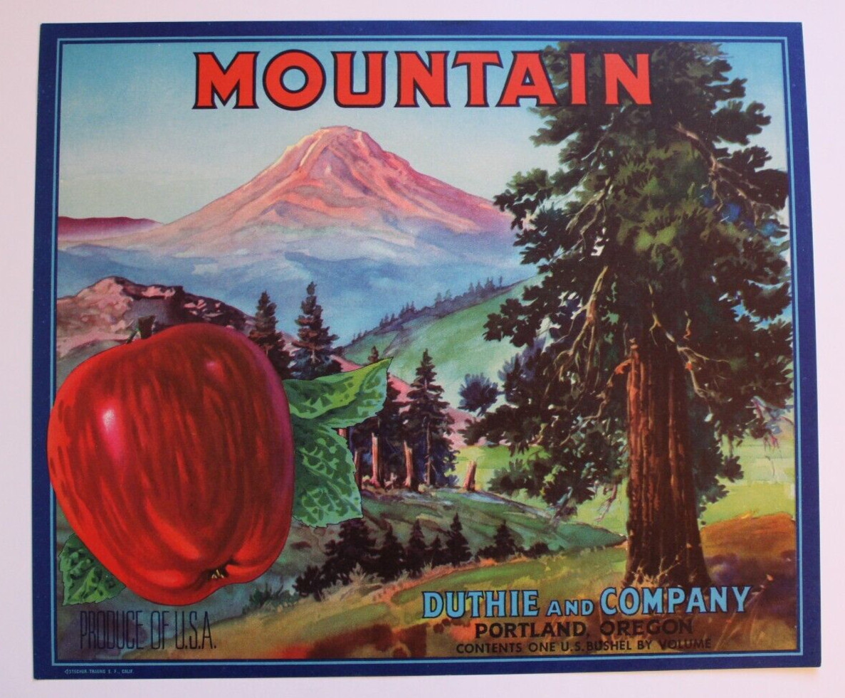 Original Mountain apple crate label Duthie & Co Portland OR Mt Adams pine tree