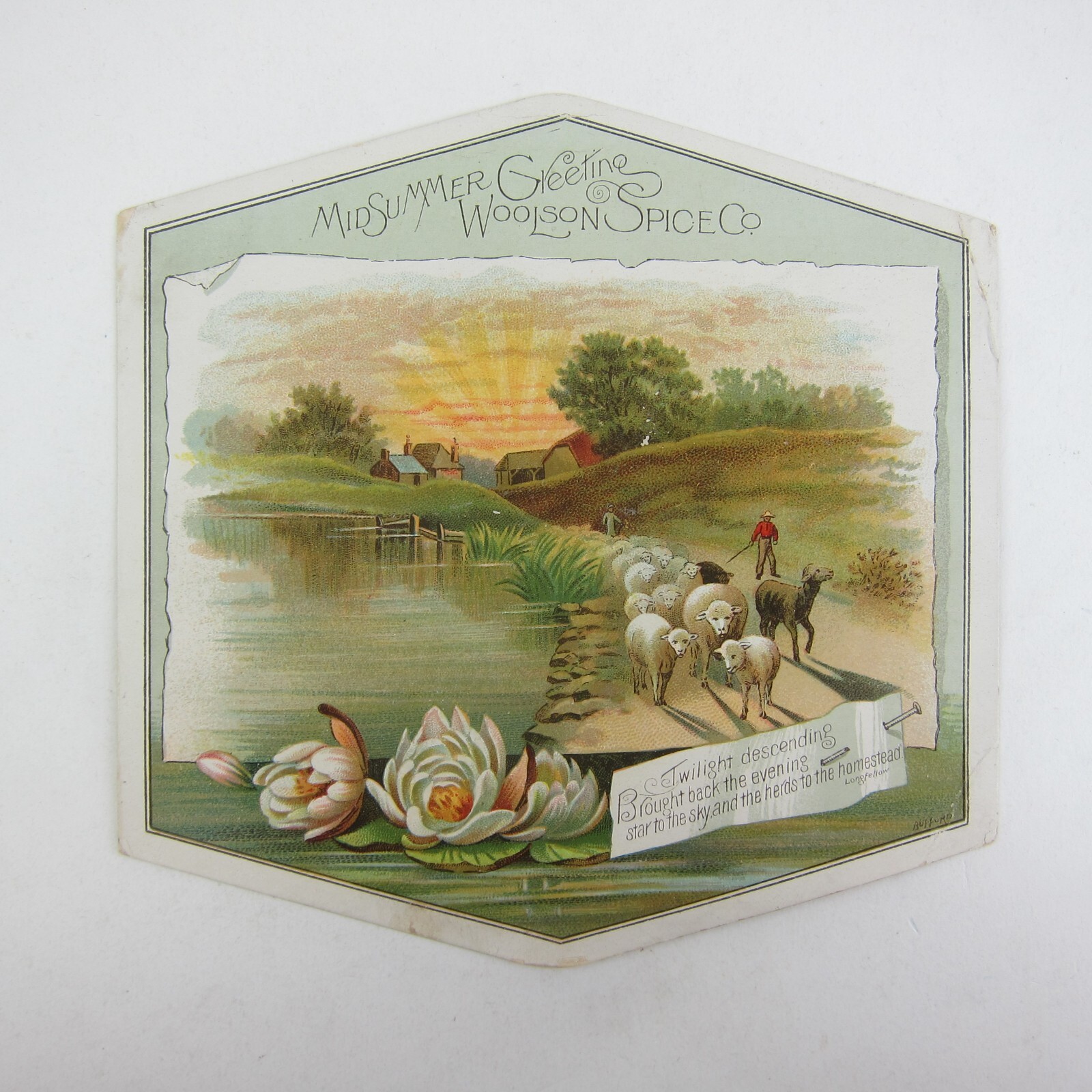 Victorian Trade Card Woolson Spice Co Shepherd Sheep Pond Farm House Flowers Sun