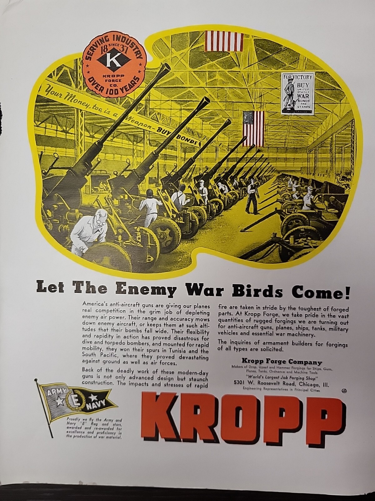 Kropp Forge Company 1943 Fortune Magazine WW2 Print Advertising ARMY NAVY Tanks