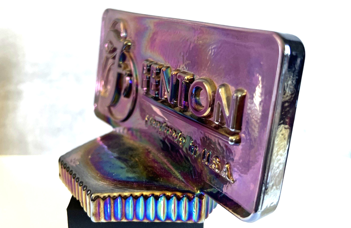 FENTON Iridescent CARNIVAL Glass Rectangle Dealer Sign LOGO, Purple.