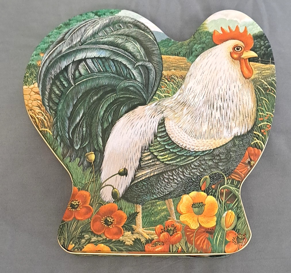 Department 56 Farmhouse Rooster Shaped Tin Canister Country Flower Decor Vintage