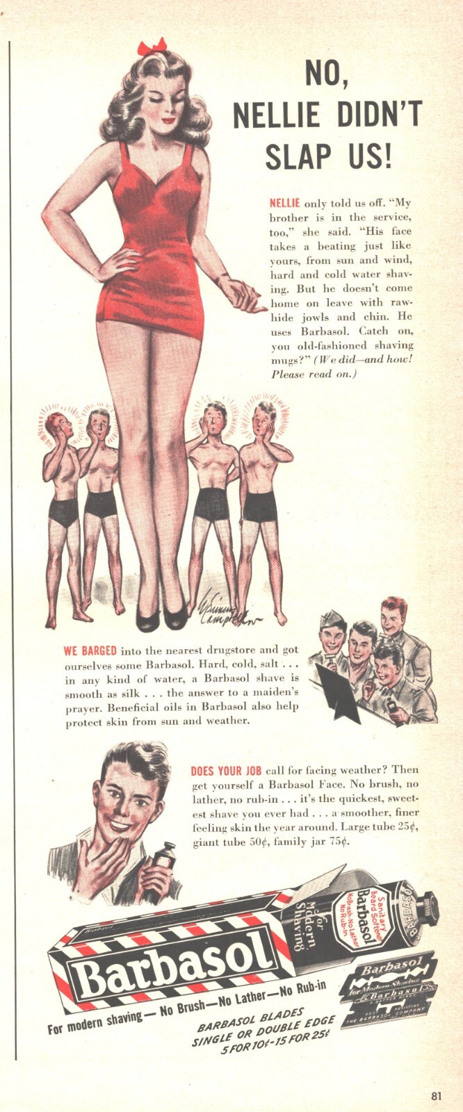1943 Barbasol Shaving Gel Vintage Print Ad WWII Era Pinup Girl Nellie