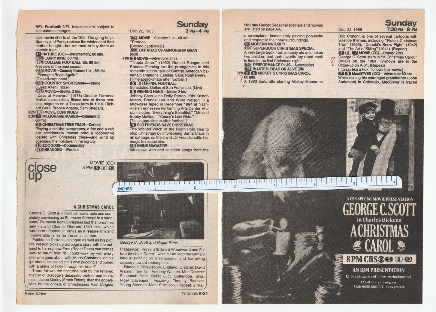 1985 A CHRISTMAS CAROL Magazine AD~GEORGE C. SCOTT~Dickens~CHIPMUNKS REUNION