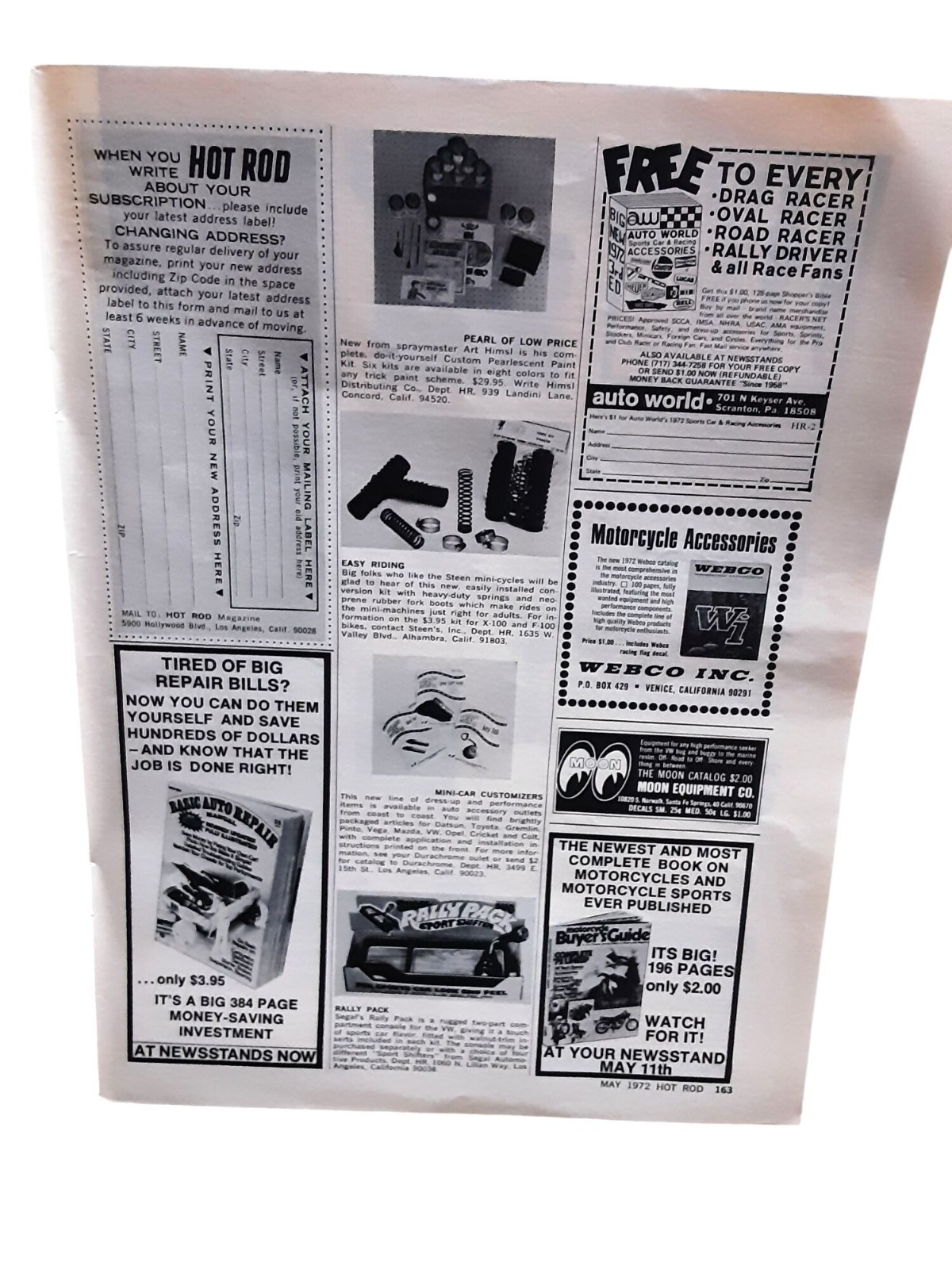 1972 Hot Rod Magazine Oddball Ads Page Auto World Webco Moon Auto Ad