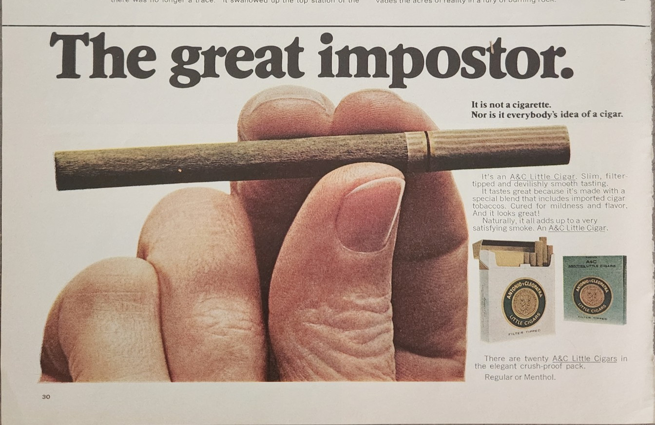 1971 A & C Antonio Cleopatra Little Cigars Vintage Ad Great Impostor 6″ x 10″