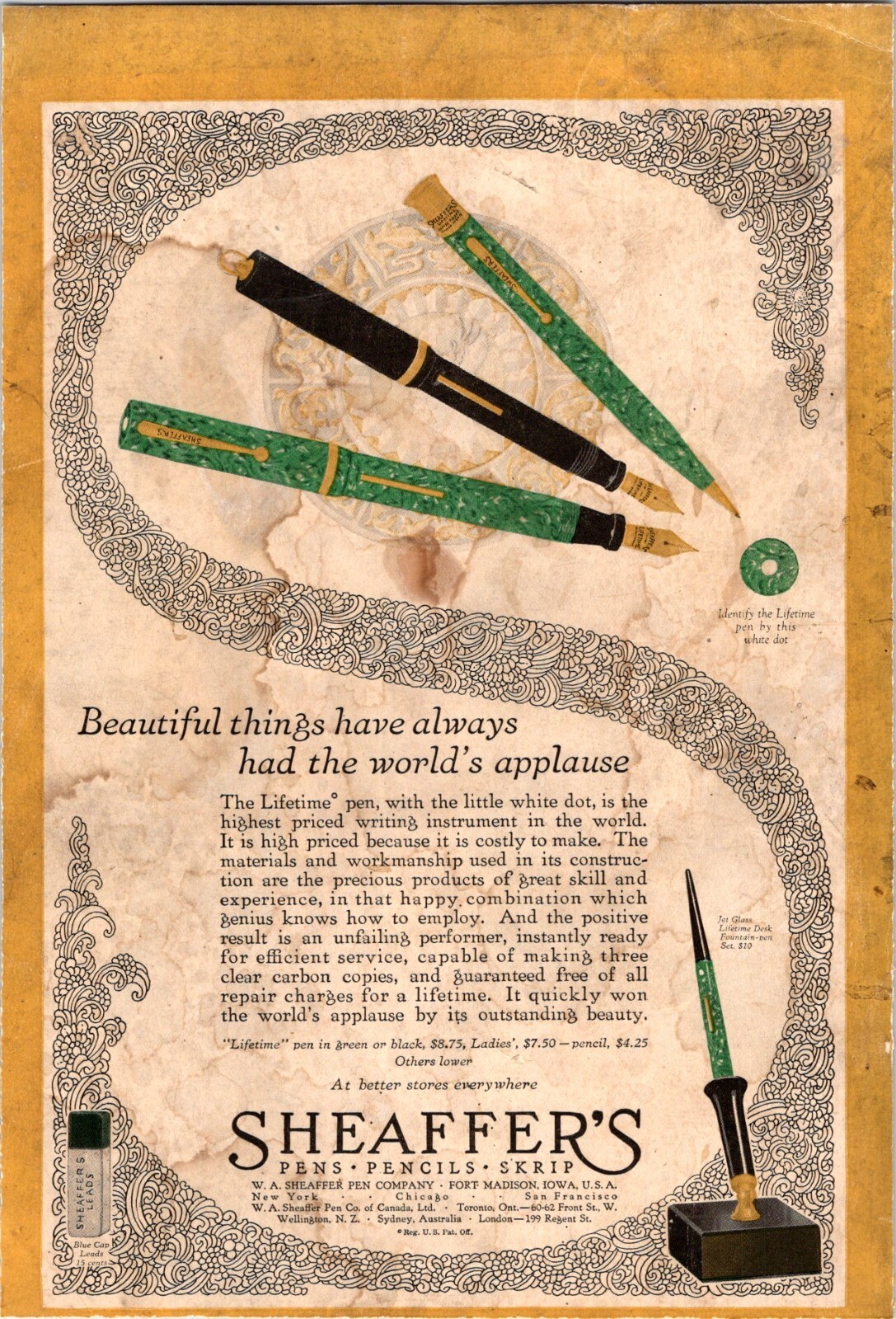 Antique Ad W.A. Sheaffer’s Pens Pencils Skrip Lifetime Pen Fort Madison Iowa