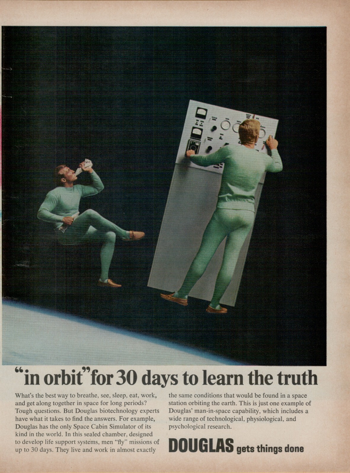 1966 Douglas In Orbit for 30 Days Biotechnology Space Cabin VINTAGE PRINT AD
