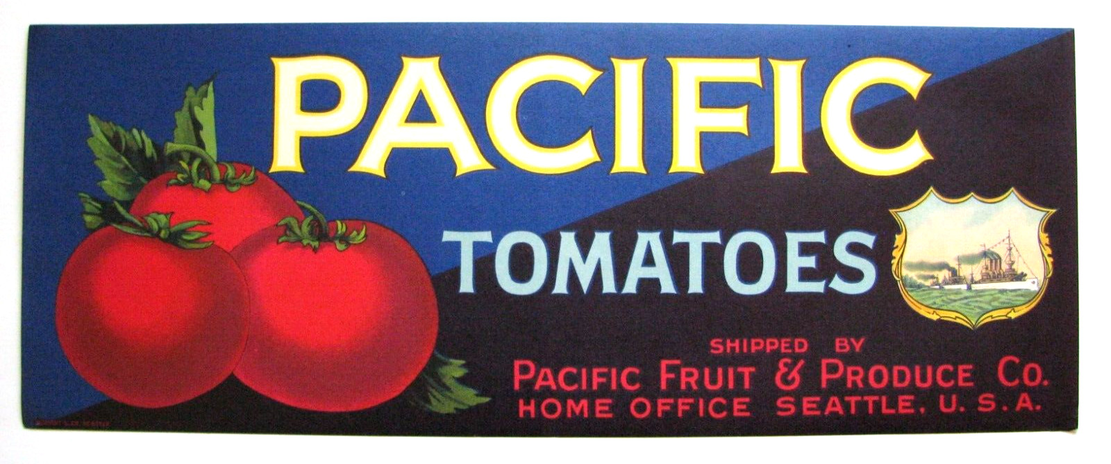 Original scarce PACIFIC tomato crate label Pacific Fruit Seattle WA battleships