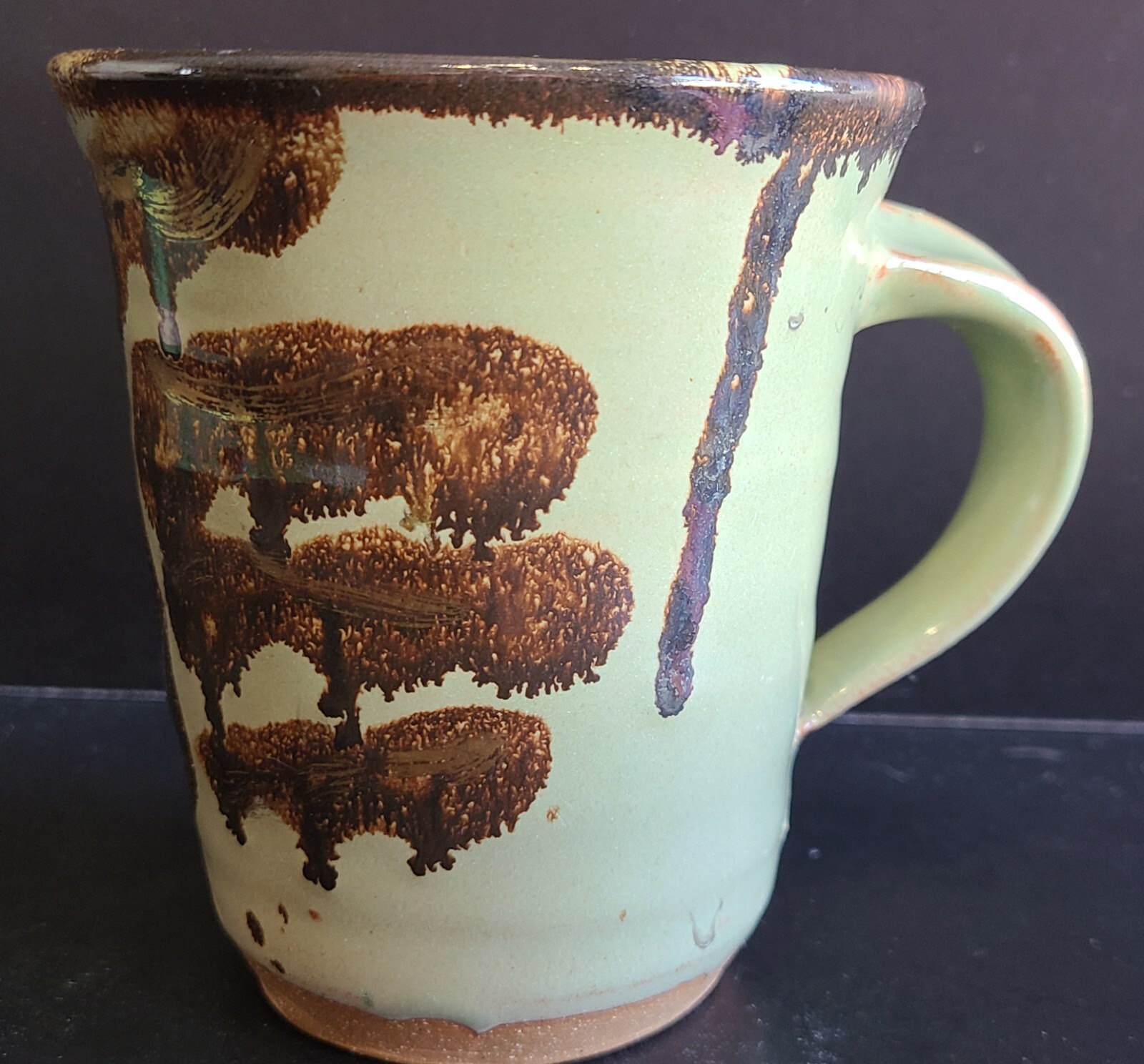 Pottery Coffee Tea Mug Cup Green Brown Drip Glaze Stoneware Handle White Inside