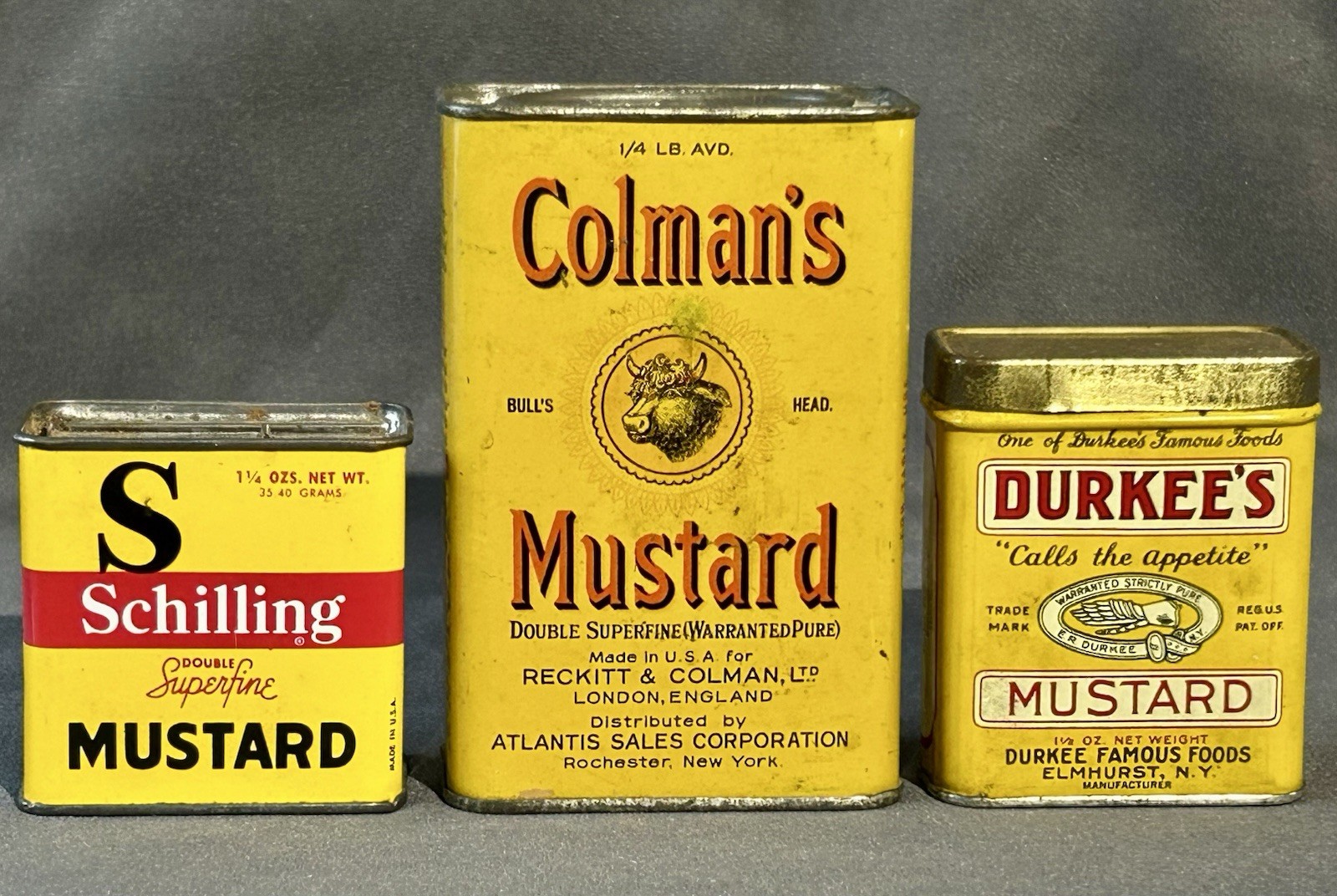 3 Vintage Tins Schilling Coleman’s Durkee’s Dry Mustard Empty Advertising Cans