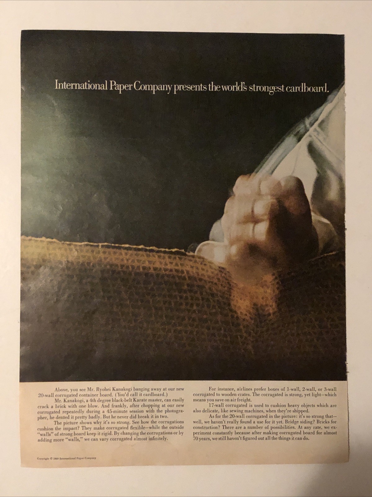 1969 International Paper PRINT AD Karate Chop VTG 60s Worlds Strongest Cardboard