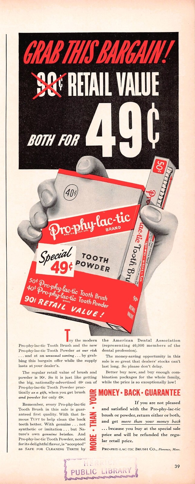 Pro-Phy-Lac-Tic Brand Tooth Brush & Powder Florence MA 1939 Vtg Mag Print Ad