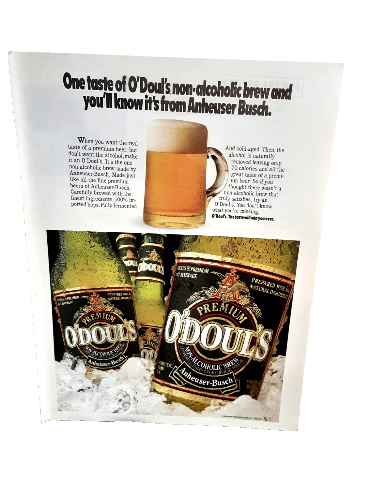 1991 O’Doul’s Premium Brew Ad Non Alcoholic Drink Vintage Original