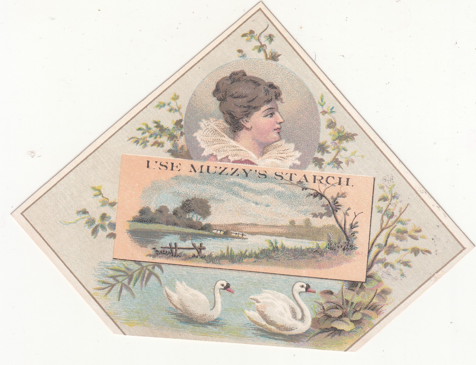 Muzzy’s Starch Lady w Lace Collar White Swans Vict Card c1880s