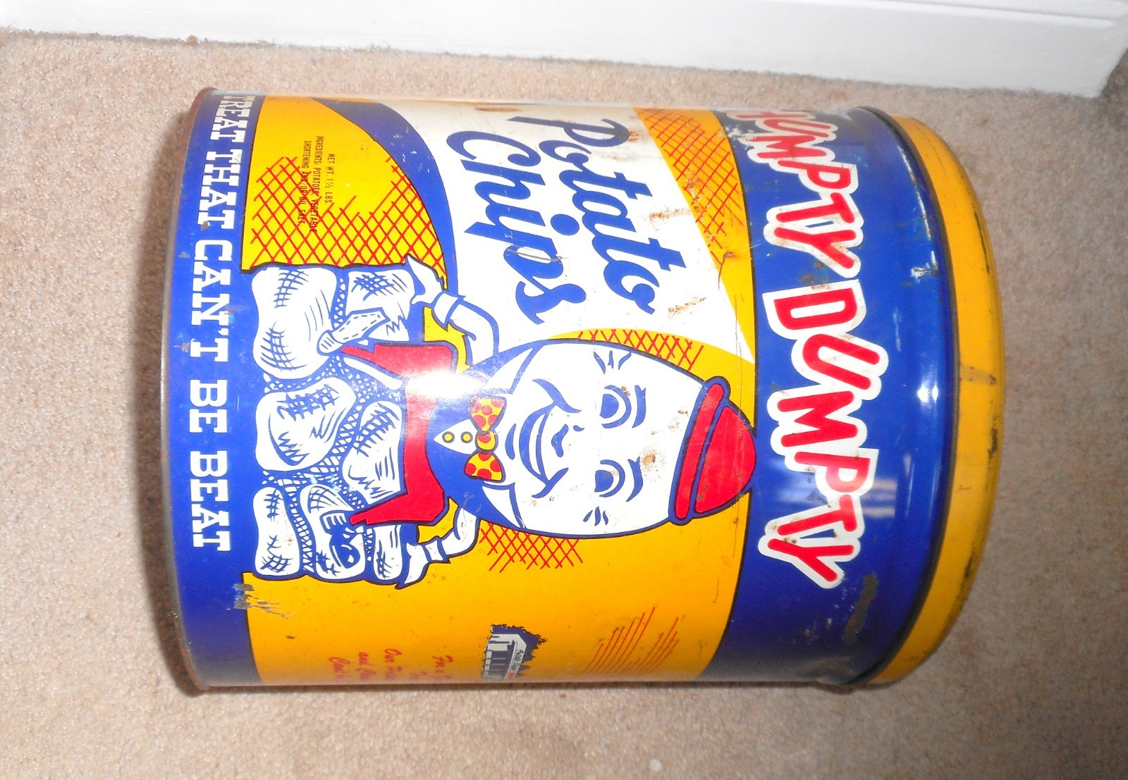 GREAT VINTAGE HUMPTY DUMPTY POTATO CHIPS ADVERTISING CAN CONTAINER TIN