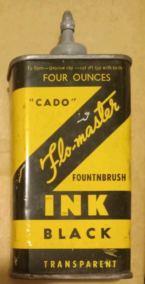 Vintage Flo-Master Transparent Black Ink Can Cado Product – 4 Ounces – 3/4 Full