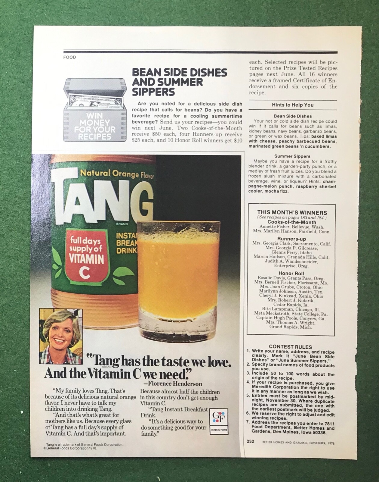 1970s magazine ad TANG Orange Breakfast Drink Florence Henderson food kitchen