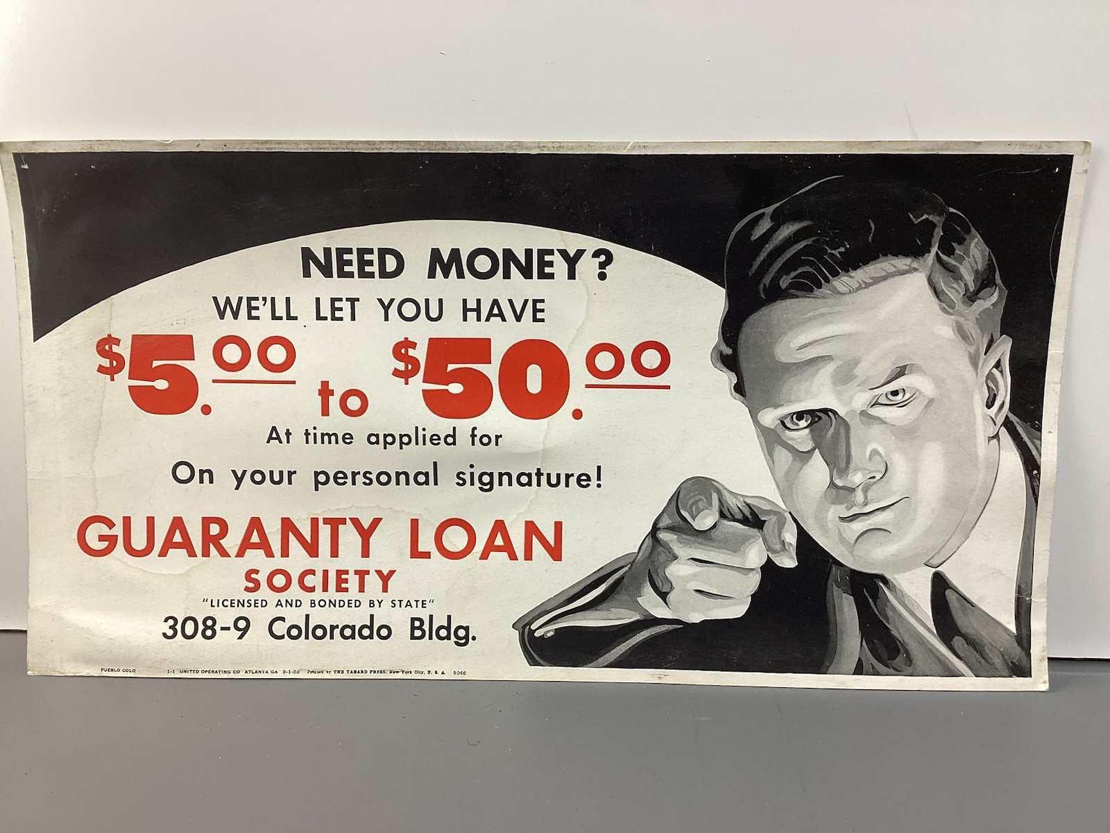 Vintage 1930s Pueblo Colorado Guaranty Loan Soc. Window Display Cardboard Sign