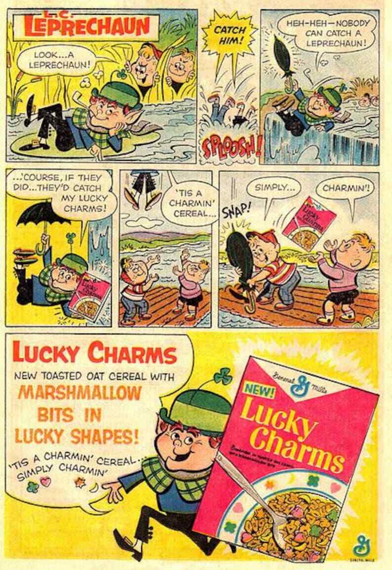 Vintage Lucky Charms Cereal Ad Reproduction Print Advertising 17×12