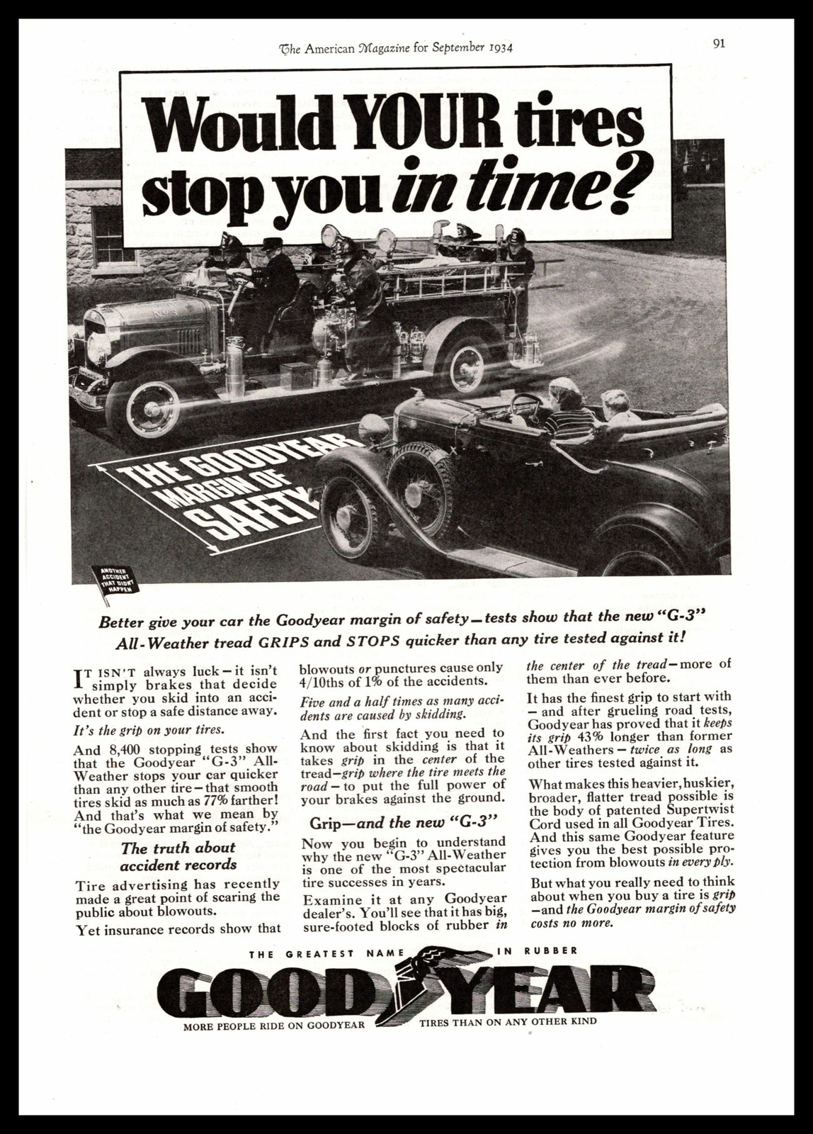 1934 Goodyear G-3 All-Weather Tread Tires Stopping Margin Of Safety Print Ad