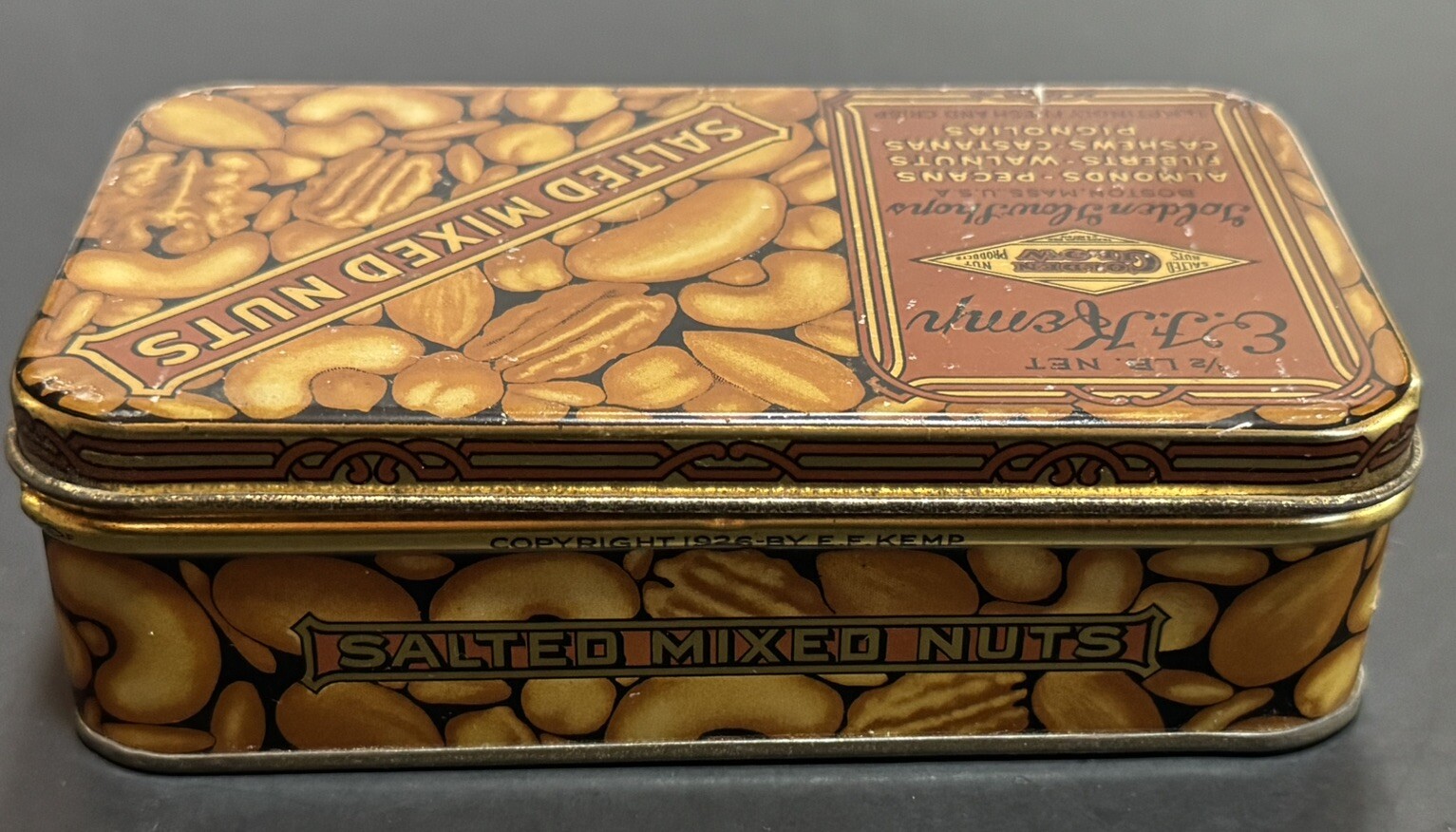 Tin Litho EF Kemp Golden Glow Boston Salted Mixed Nuts Advertising Box Vintage