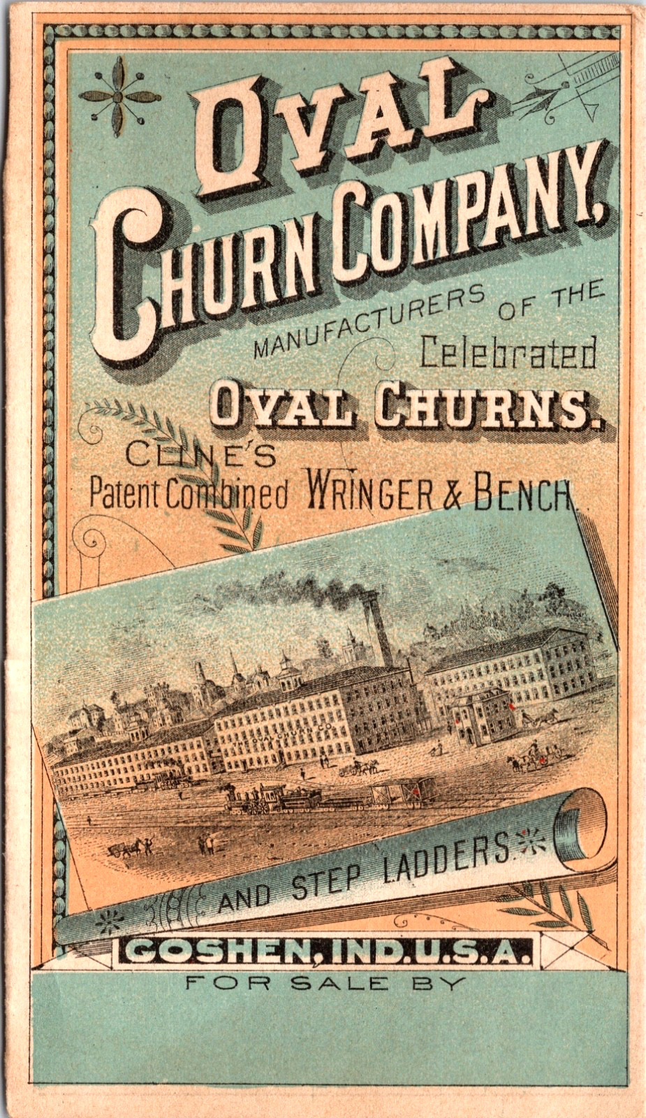 Vintage 1880’s Oval Churn Company & Ladders Coshen, Ind Victorian Trade Card