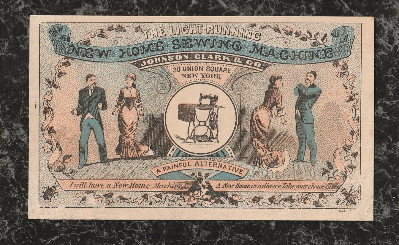Victorian Trade Card Woman Threatens Divorce if no New Home Sewing Machine 5×3